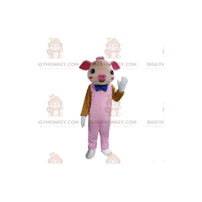 BIGGYMONKEY™ costume mascotte maiale rosa con tuta, costume BIGGYMONKEY™ costume mascotte maiale rosa con tuta, costume