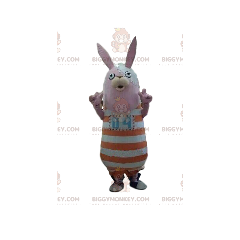 Bunny BIGGYMONKEY™ maskottiasu raidallisella asulla, pehmopupu Bunny BIGGYMONKEY™ maskottiasu raidallisella asulla, pehmopupu