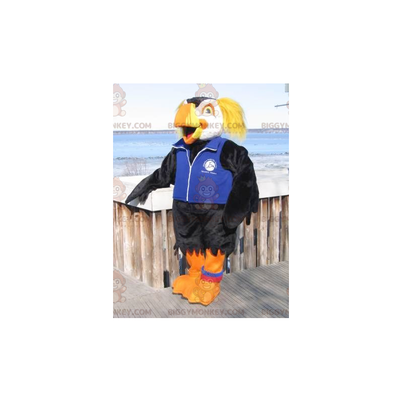 Disfraz de mascota de loro negro, blanco y amarillo Disfraz de mascota de loro negro, blanco y amarillo