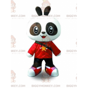 Nuorisoasuun pukeutuneen mustavalkoisen pandan BIGGYMONKEY™ maskottiasu - Panda maskotti - BIGGYMONKEY_08822 - BiggyMonkey.com