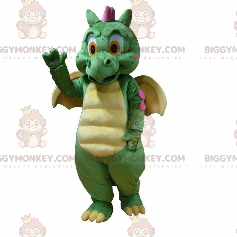 BIGGYMONKEY™ mascot costume green and yellow dragon, dinosaur