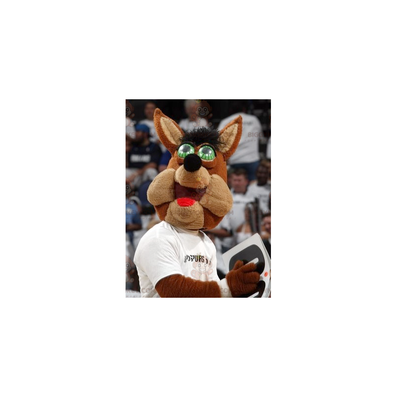 Fantasia de mascote BIGGYMONKEY™ de Lobo Marrom com Olhos Fantasia de mascote BIGGYMONKEY™ de Lobo Marrom com Olhos