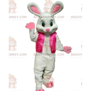 Traje de mascote BIGGYMONKEY™ de coelho branco com roupa rosa