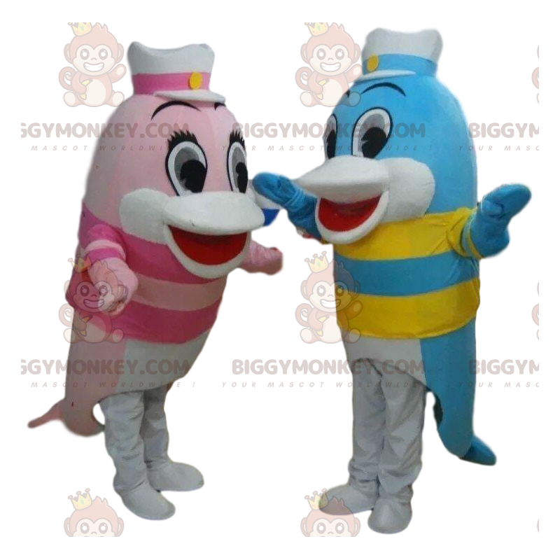 2 delfiny maskotki BIGGYMONKEY™, kolorowe kostiumy ryb - 2 delfiny maskotki BIGGYMONKEY™, kolorowe kostiumy ryb -