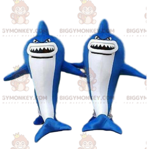 2 Maskot modrých a bílých žraloků BIGGYMONKEY, nebezpečné zvíře