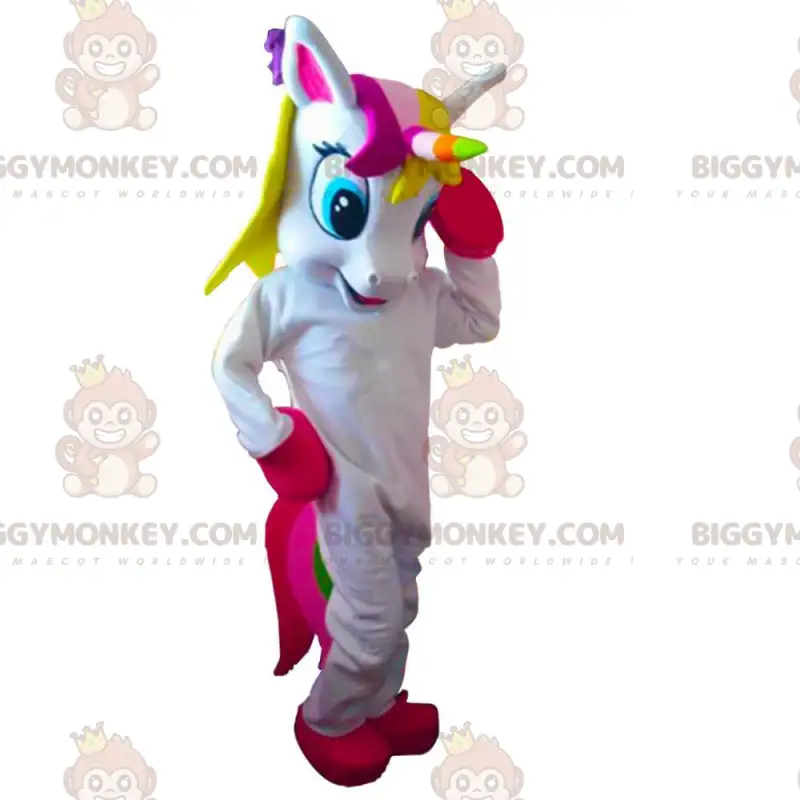 Vícebarevný kostým maskota jednorožce BIGGYMONKEY™, kostým víly Vícebarevný kostým maskota jednorožce BIGGYMONKEY™, kostým víly