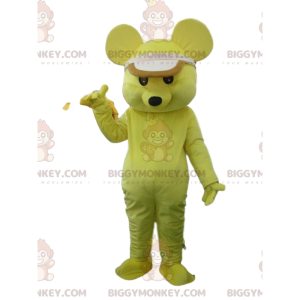 Yellow mouse BIGGYMONKEY™ mascot costume with a cap, yellow