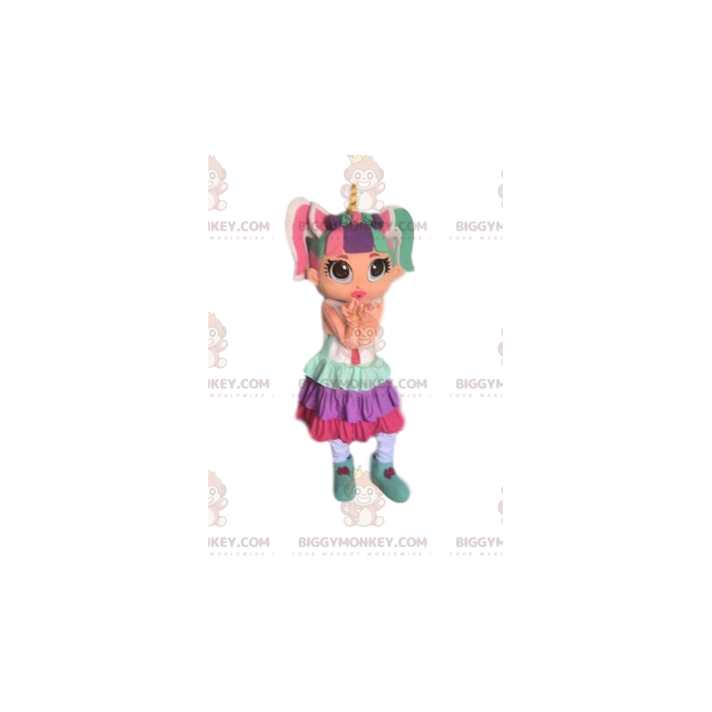 Farverig pige BIGGYMONKEY™ maskotkostume, meget farverig Farverig pige BIGGYMONKEY™ maskotkostume, meget farverig