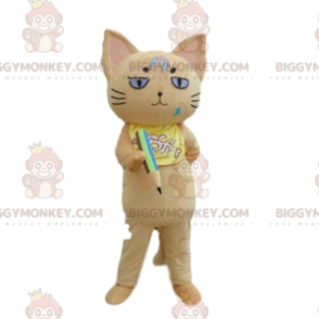 BIGGYMONKEY™ μασκότ στολή μπεζ γάτα με μολύβι, στολή σχολικού