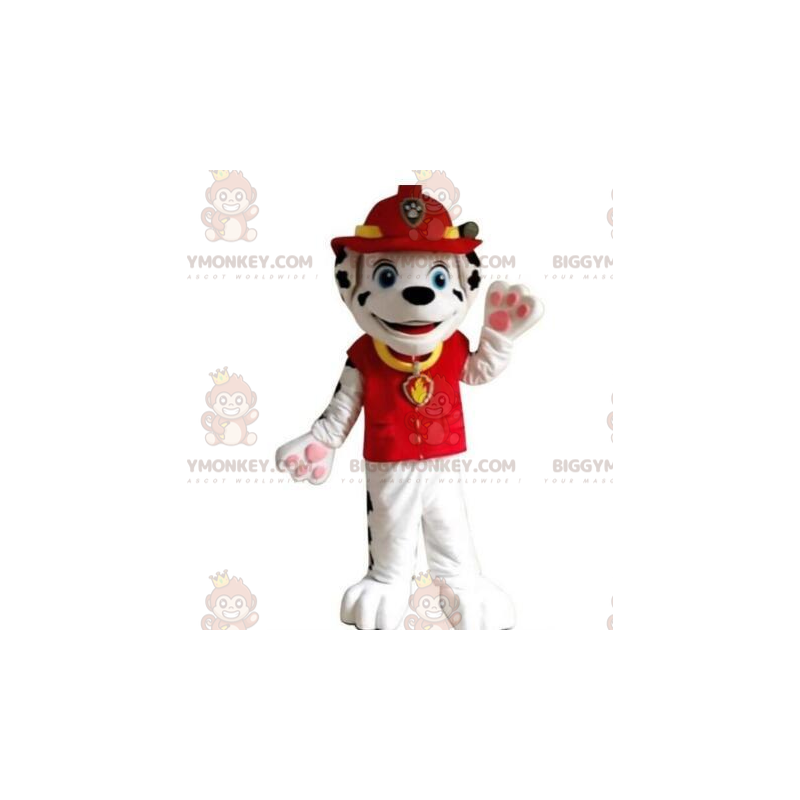 Fato de mascote BIGGYMONKEY™ de dálmata vestido de bombeiro, fato de bombeiro - Mascotes pessoas famosas - BiggyMonkey.com