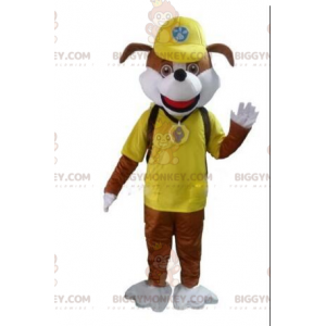 Kostým maskota BIGGYMONKEY™ hnědého psa ve žlutém oblečení