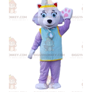 Kostým maskota psa BIGGYMONKEY™ ve fialovém oblečku. Barevný