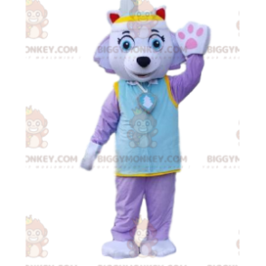 Kostým maskota psa BIGGYMONKEY™ ve fialovém oblečku. Barevný