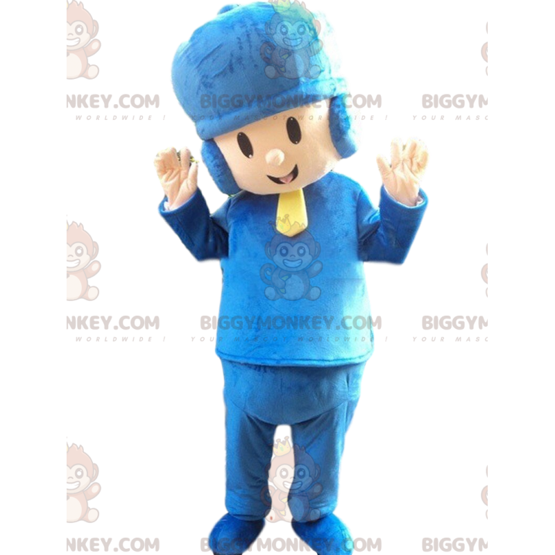 BIGGYMONKEY™ mascottekostuum voor jongen, gekleed in blauw met BIGGYMONKEY™ mascottekostuum voor jongen, gekleed in blauw met