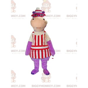 Στολή μασκότ BIGGYMONKEY™ Μωβ ιπποπόταμος με στολή σερβιτόρου -