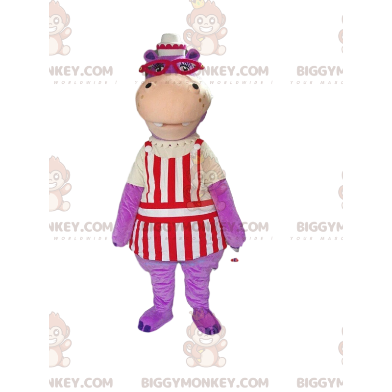 BIGGYMONKEY™ mascottekostuum paarse nijlpaard in ober outfit - BIGGYMONKEY™ mascottekostuum paarse nijlpaard in ober outfit -