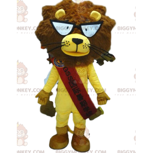 BIGGYMONKEY™ lion mascot costume with glasses, yellow lion