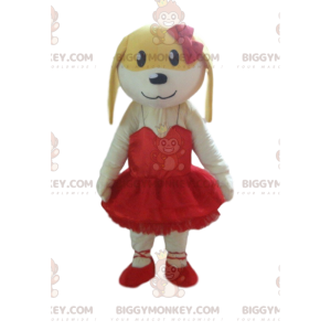Fato de mascote BIGGYMONKEY™ cão amarelo e branco em rosa