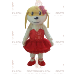 BIGGYMONKEY™ mascot costume yellow and white dog in pink, female dog costume - Dog mascots - BIGGYMONKEY_09006 - BiggyMonkey.com