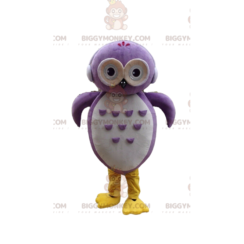 Costume de mascotte BIGGYMONKEY™ de hibou violet et blanc avec Costume de mascotte BIGGYMONKEY™ de hibou violet et blanc avec