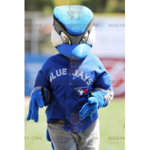 Traje de mascote BIGGYMONKEY™ pássaro azul e branco em preto e