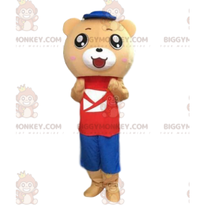 Kostuum beige gekleurde teddybeer in kleurrijke outfit -