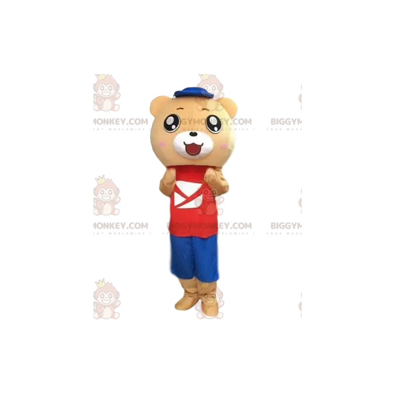 Kostüm beigefarbener Teddybär im farbenfrohen Outfit - Kostüm beigefarbener Teddybär im farbenfrohen Outfit -