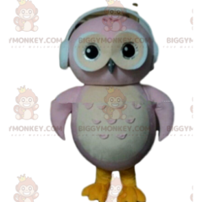 Fantasia de mascote BIGGYMONKEY™ de coruja rosa e branca com fones de ouvido - Mascote pássaro - BiggyMonkey.com