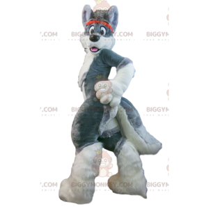 Costume de mascotte BIGGYMONKEY™ de chien gris et blanc