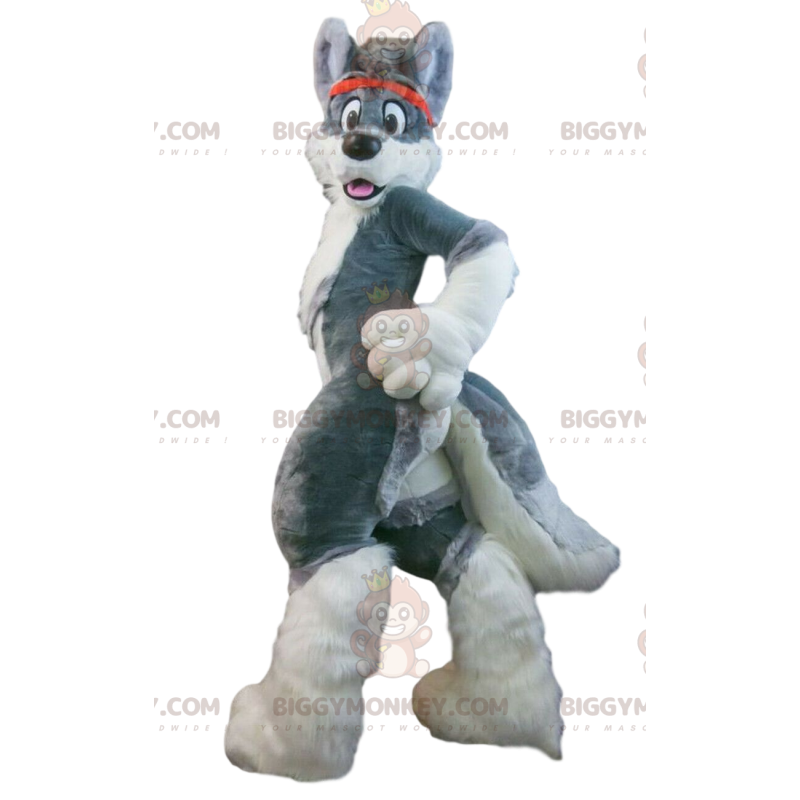 BIGGYMONKEY™ mascottekostuum grijze en witte hond, reus