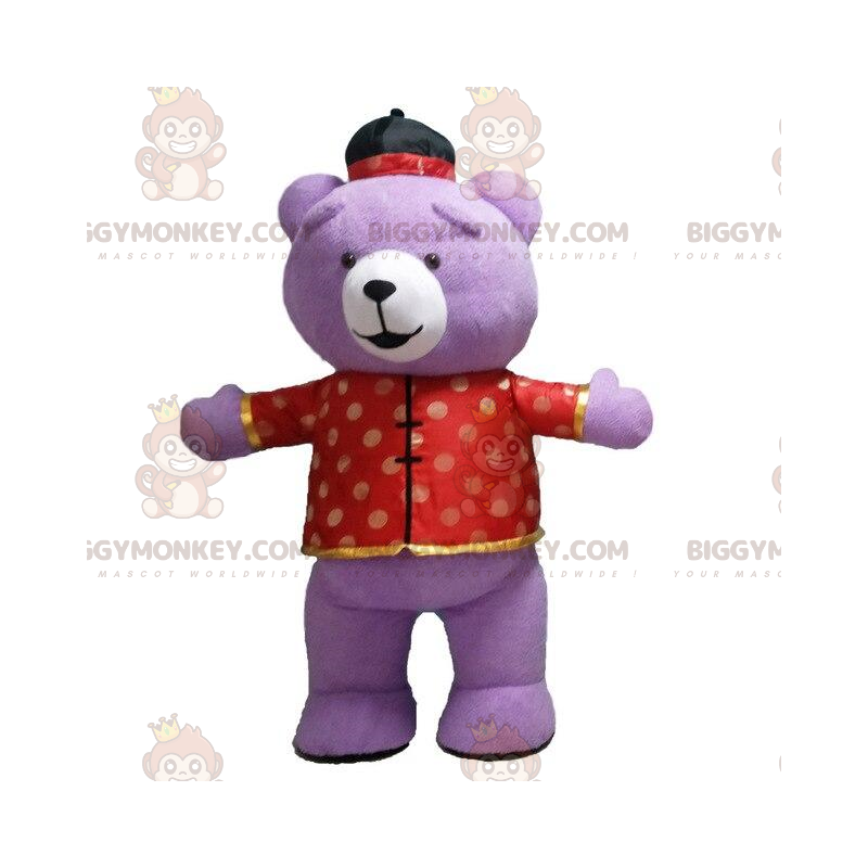 Costume de mascotte BIGGYMONKEY™ d'ours violet en tenue Costume de mascotte BIGGYMONKEY™ d'ours violet en tenue