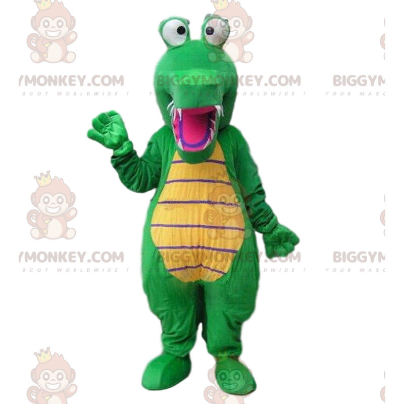 Costume da mascotte coccodrillo verde e giallo BIGGYMONKEY™ Costume da mascotte coccodrillo verde e giallo BIGGYMONKEY™