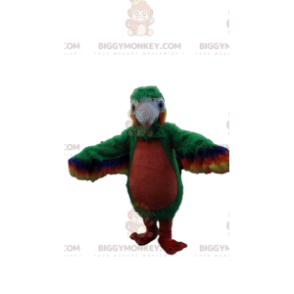 Traje de mascote BIGGYMONKEY™ de papagaio verde e vermelho