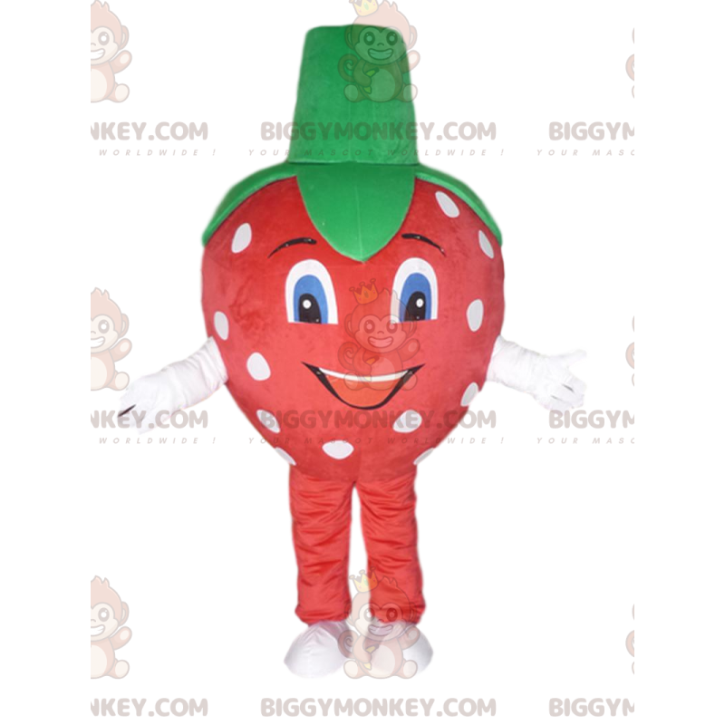 Disfraz de mascota BIGGYMONKEY™ de fresa roja con lunares Disfraz de mascota BIGGYMONKEY™ de fresa roja con lunares