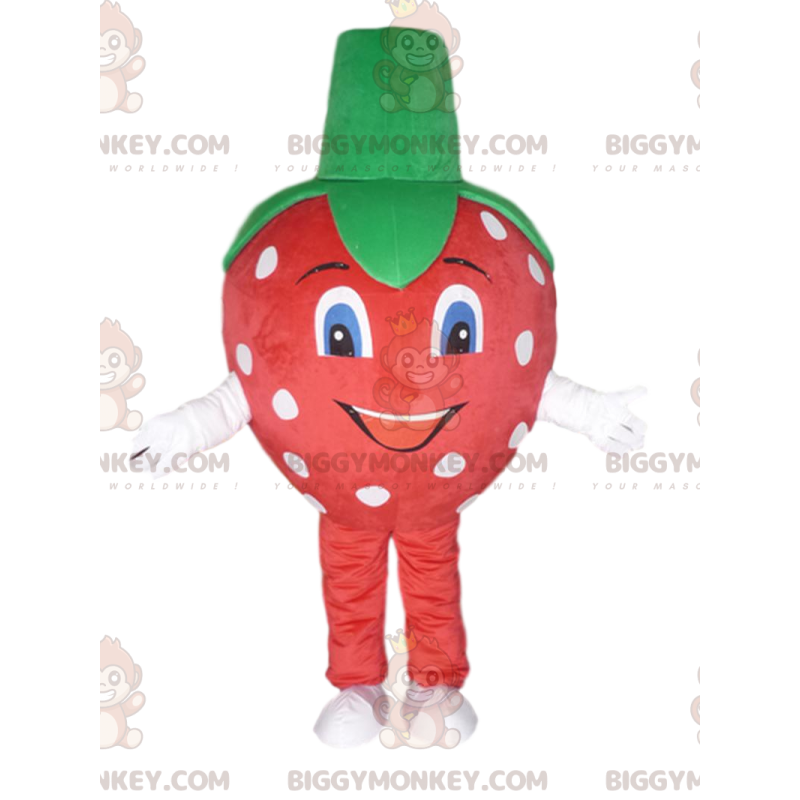 Traje de mascote BIGGYMONKEY™ de morango vermelho com bolinhas