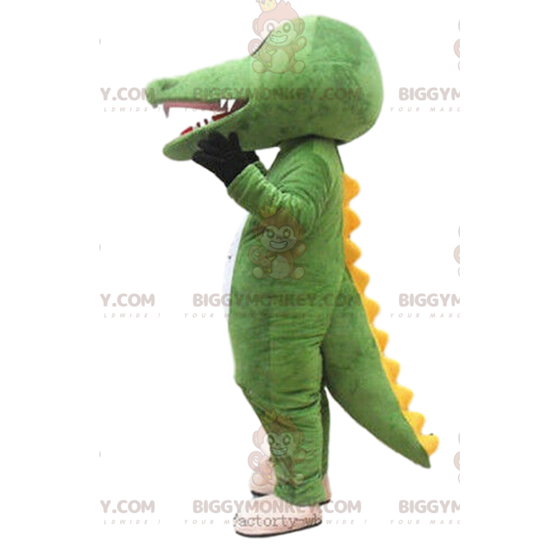 Traje de mascote BIGGYMONKEY™ de crocodilo verde e amarelo Traje de mascote BIGGYMONKEY™ de crocodilo verde e amarelo