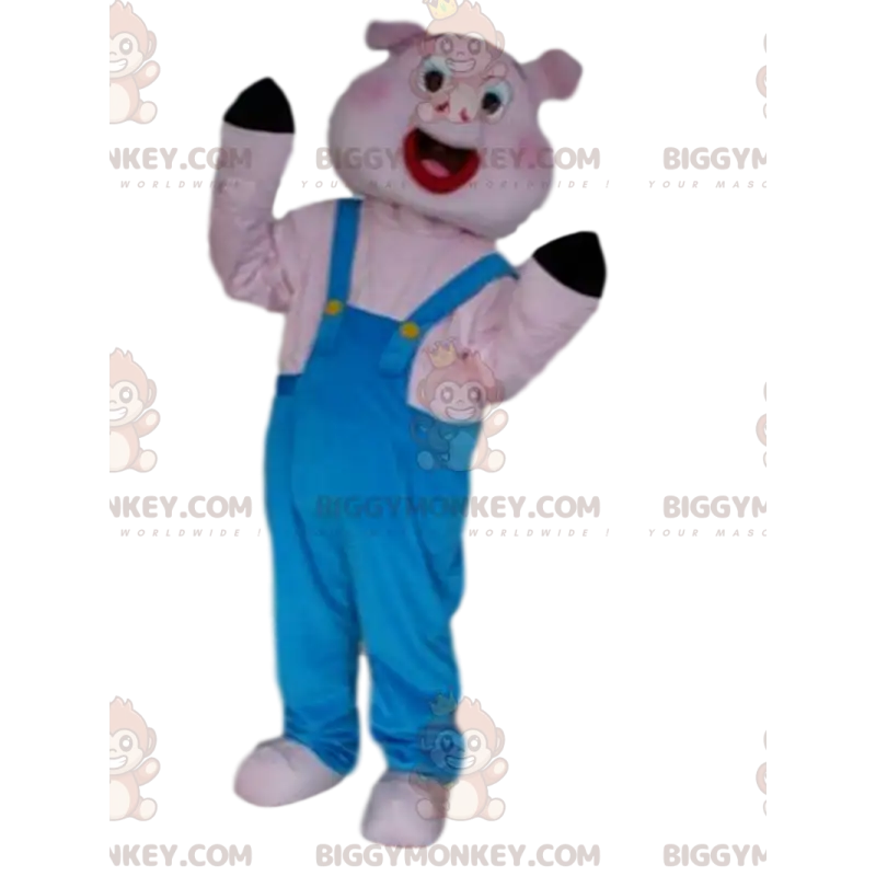 Gris i overall BIGGYMONKEY™ maskotdräkt, 3 små grisar - Gris i overall BIGGYMONKEY™ maskotdräkt, 3 små grisar -