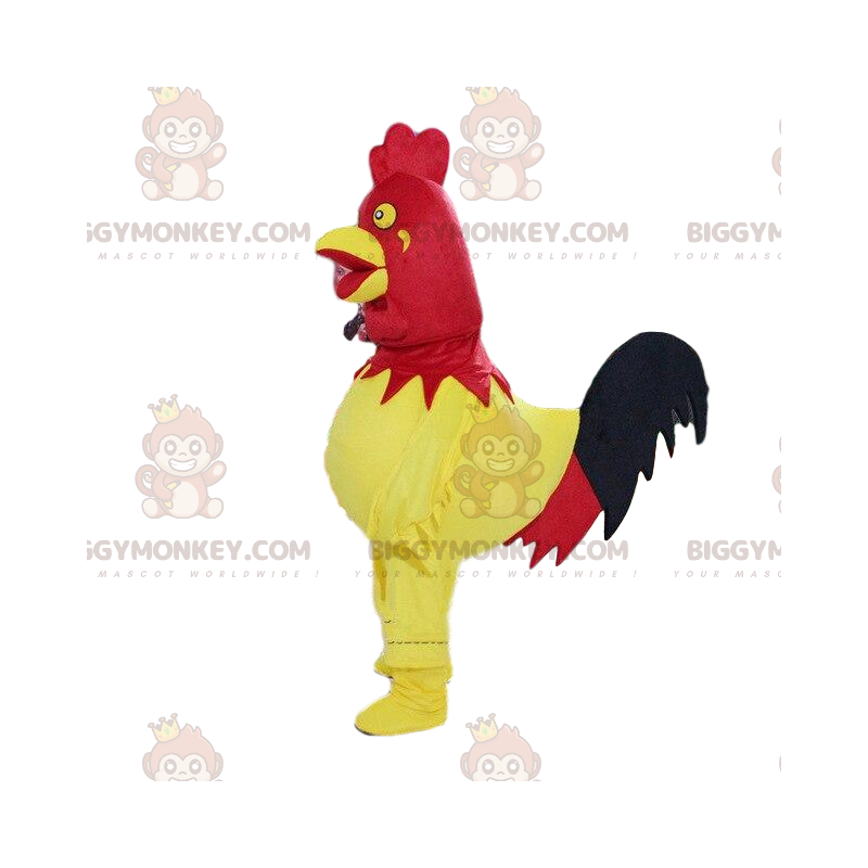 Traje de mascote BIGGYMONKEY™ de galo vermelho e amarelo, traje Traje de mascote BIGGYMONKEY™ de galo vermelho e amarelo, traje
