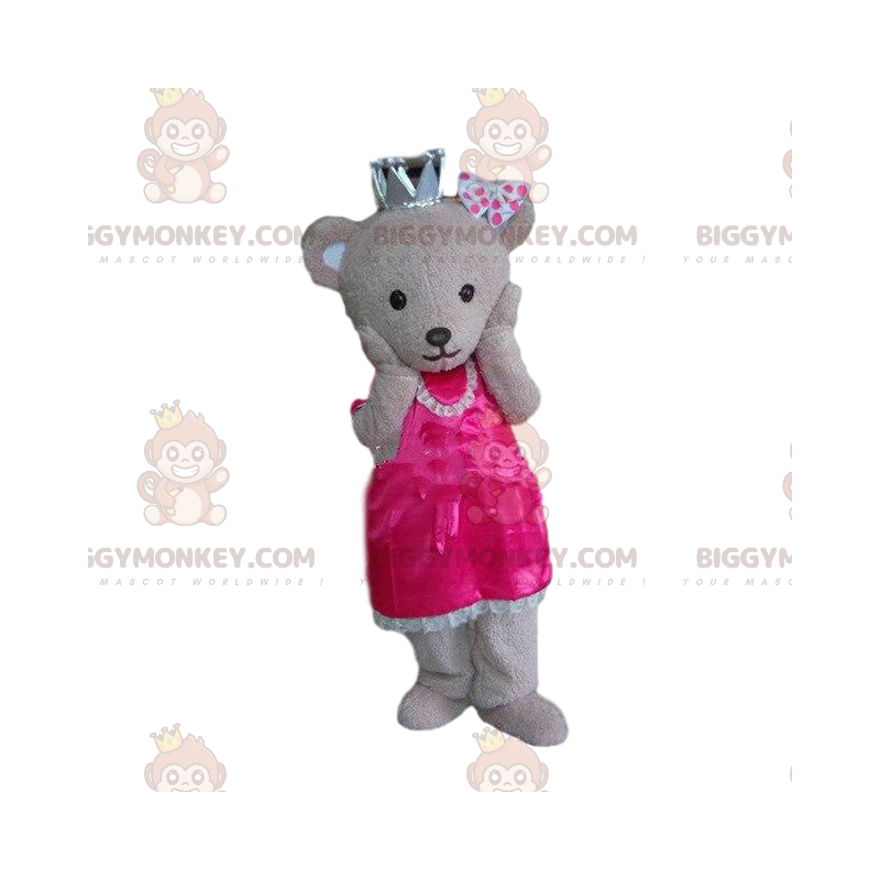 Bamse BIGGYMONKEY™ maskotkostume klædt ud som dronning, kronet Bamse BIGGYMONKEY™ maskotkostume klædt ud som dronning, kronet
