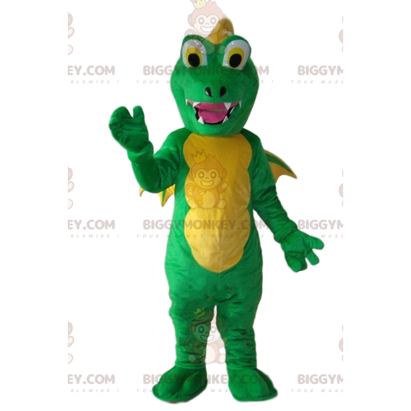 BIGGYMONKEY™ costume da mascotte drago verde e giallo, costume