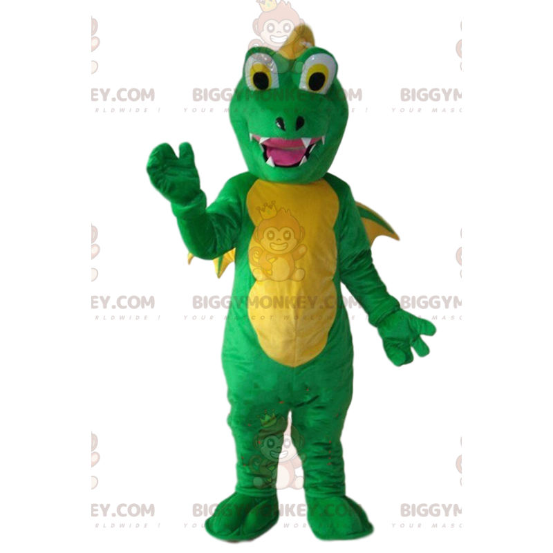 BIGGYMONKEY™ maskot kostume grøn og gul drage, grøn dinosaur