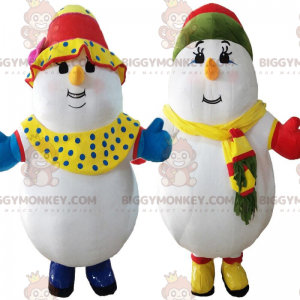2 bonecos de neve coloridos, mascote de inverno do BIGGYMONKEY™