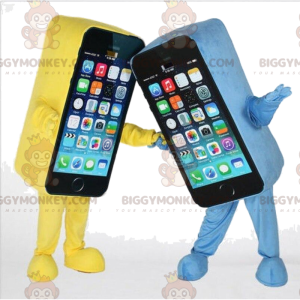 2 smartphone maskot BIGGYMONKEY™s en gul og en blå