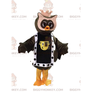 Fato de mascote BIGGYMONKEY™ de coruja com coroa, fato de rei –