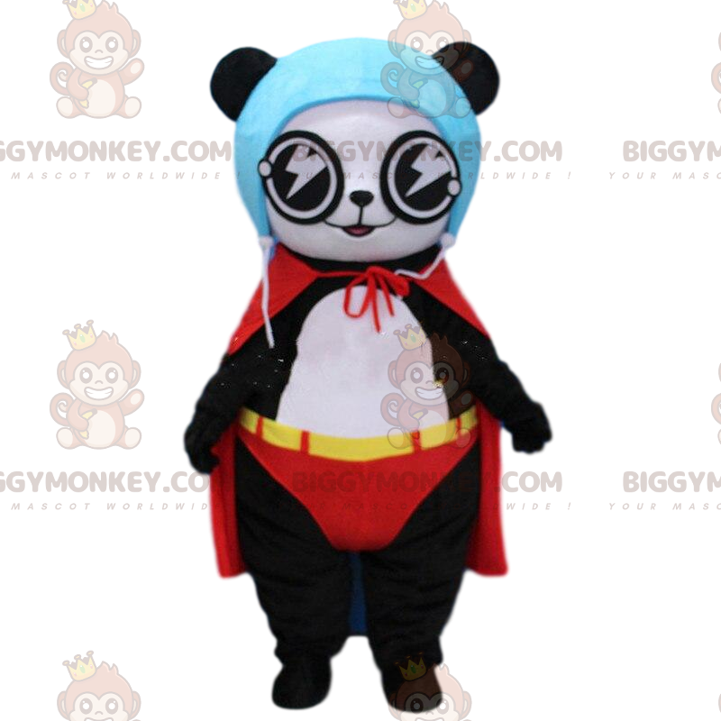 Kostým maskota BIGGYMONKEY™ pandy oblečené jako superhrdina