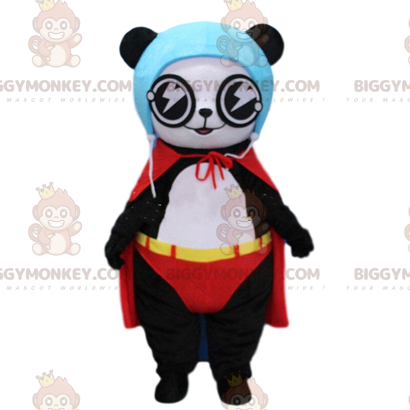 Traje de mascote BIGGYMONKEY™ de panda vestido de super-herói Traje de mascote BIGGYMONKEY™ de panda vestido de super-herói