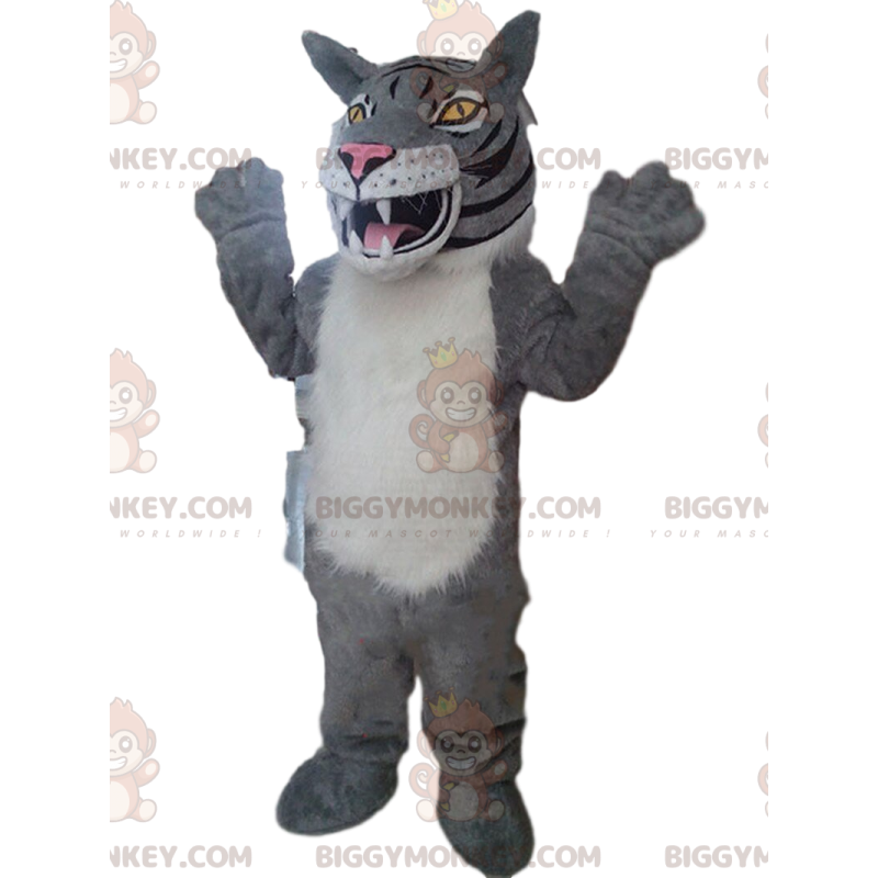 Disfraz de mascota BIGGYMONKEY™ tigre gris y blanco, león Disfraz de mascota BIGGYMONKEY™ tigre gris y blanco, león