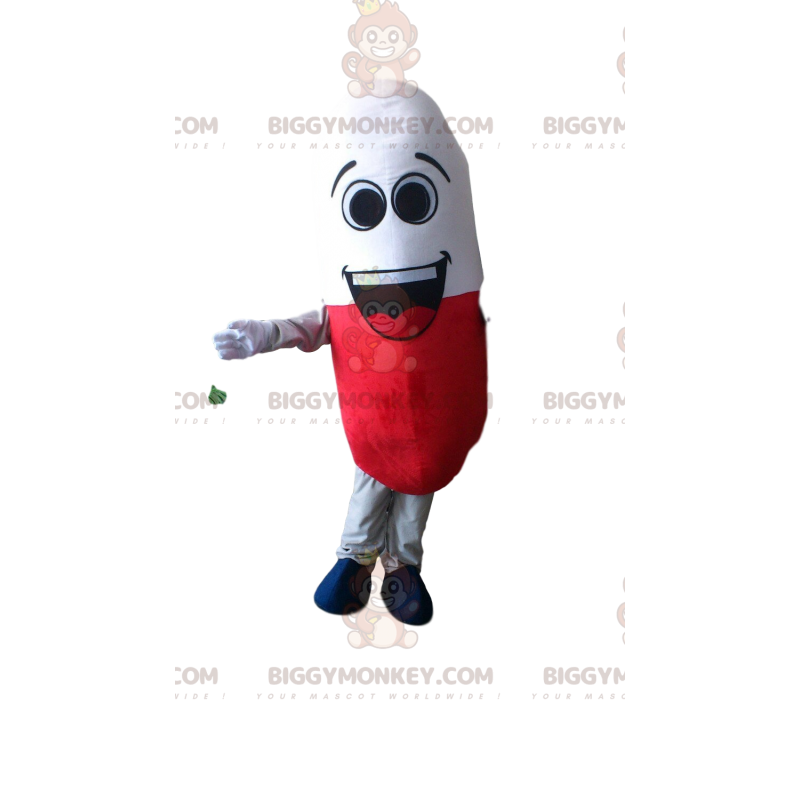 Disfraz de mascota de píldora roja y blanca BIGGYMONKEY™ Disfraz de mascota de píldora roja y blanca BIGGYMONKEY™