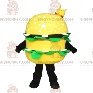 Kostým maskota BIGGYMONKEY™ žlutého hamburgeru s korunou