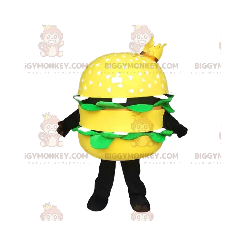 Kostým maskota BIGGYMONKEY™ žlutého hamburgeru s korunou Kostým maskota BIGGYMONKEY™ žlutého hamburgeru s korunou